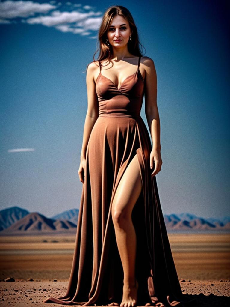 Elegant Woman in Brown Dress with Desert Background