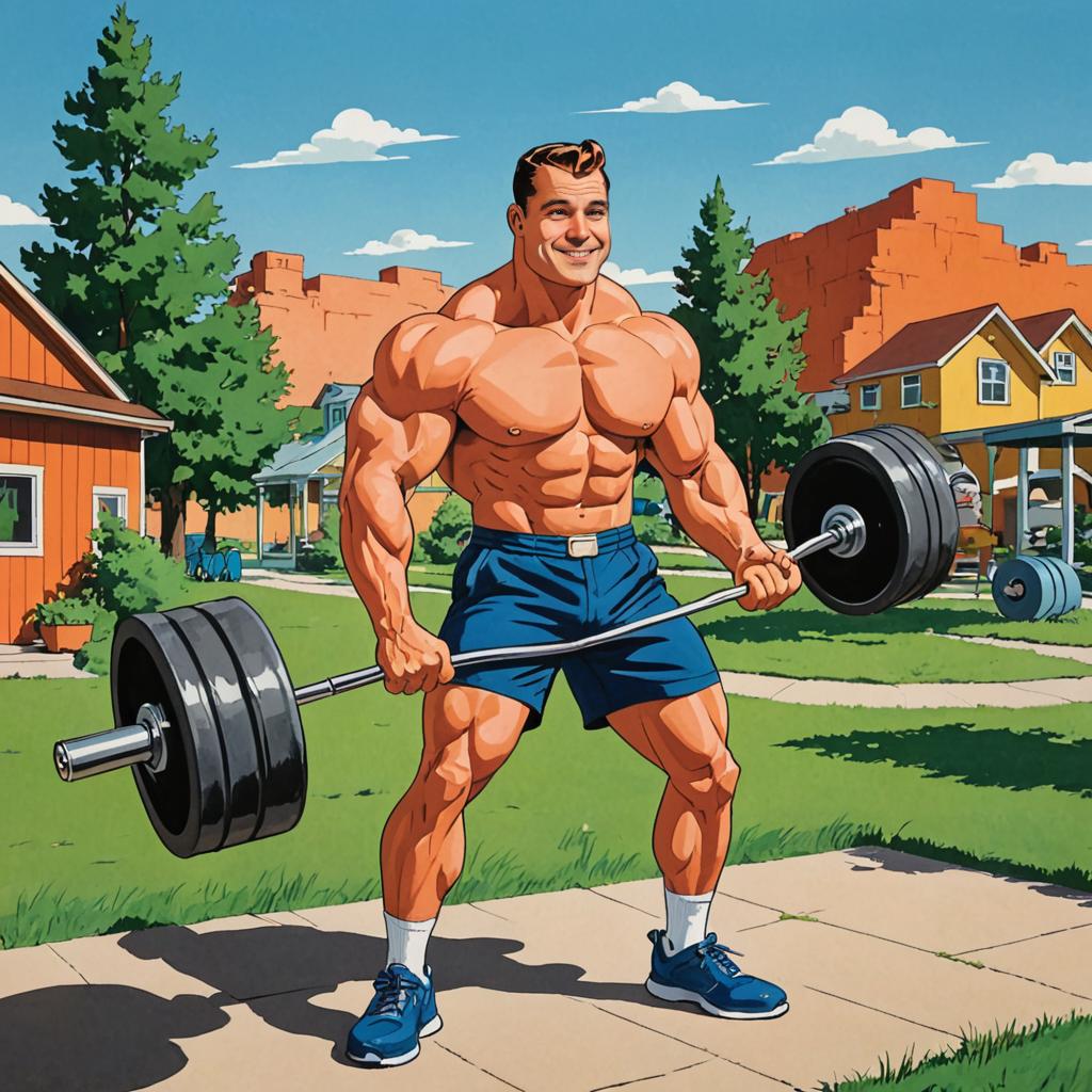 Muscular cartoon man lifting barbell in suburban neighborhood