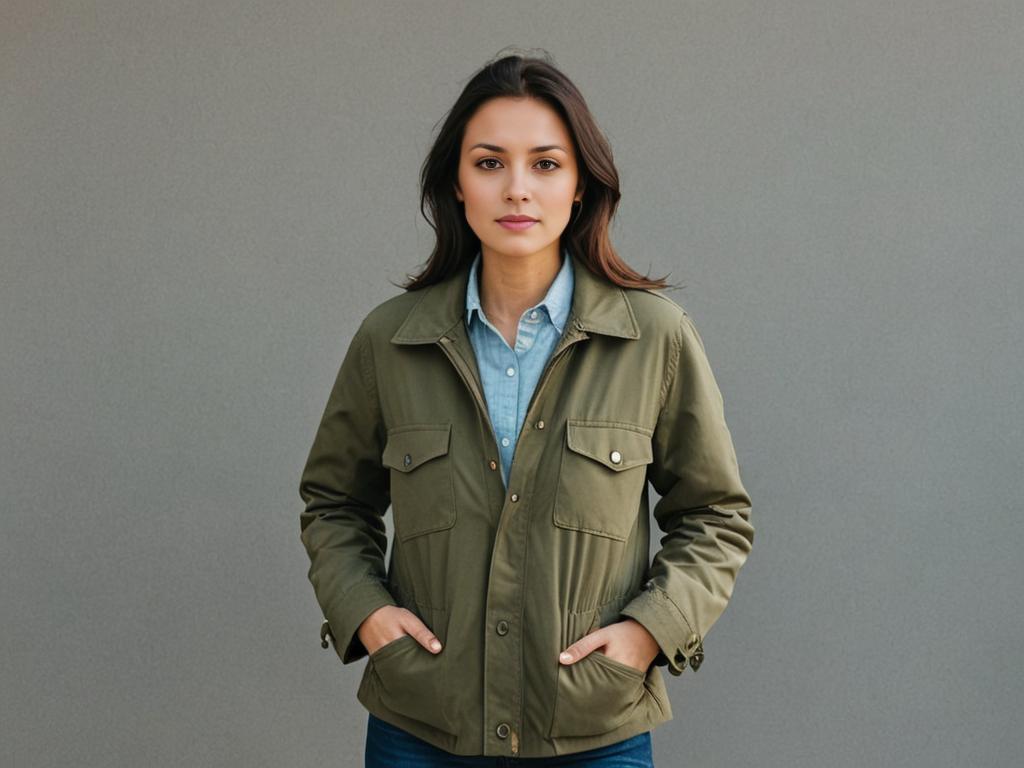 Confident Woman in Olive Green Jacket