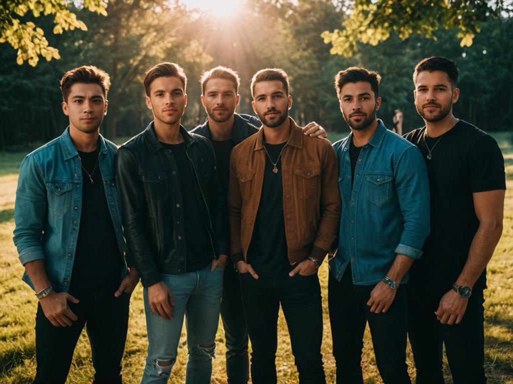 Fashionable Young Men in Sunlit Group Photo