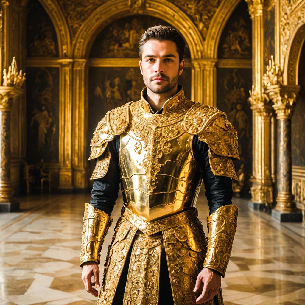 Man in Ornate Golden Armor in Grand Palace