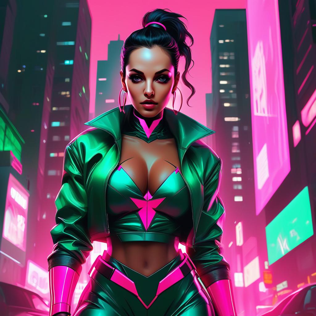 Futuristic Woman in Neon Cityscape