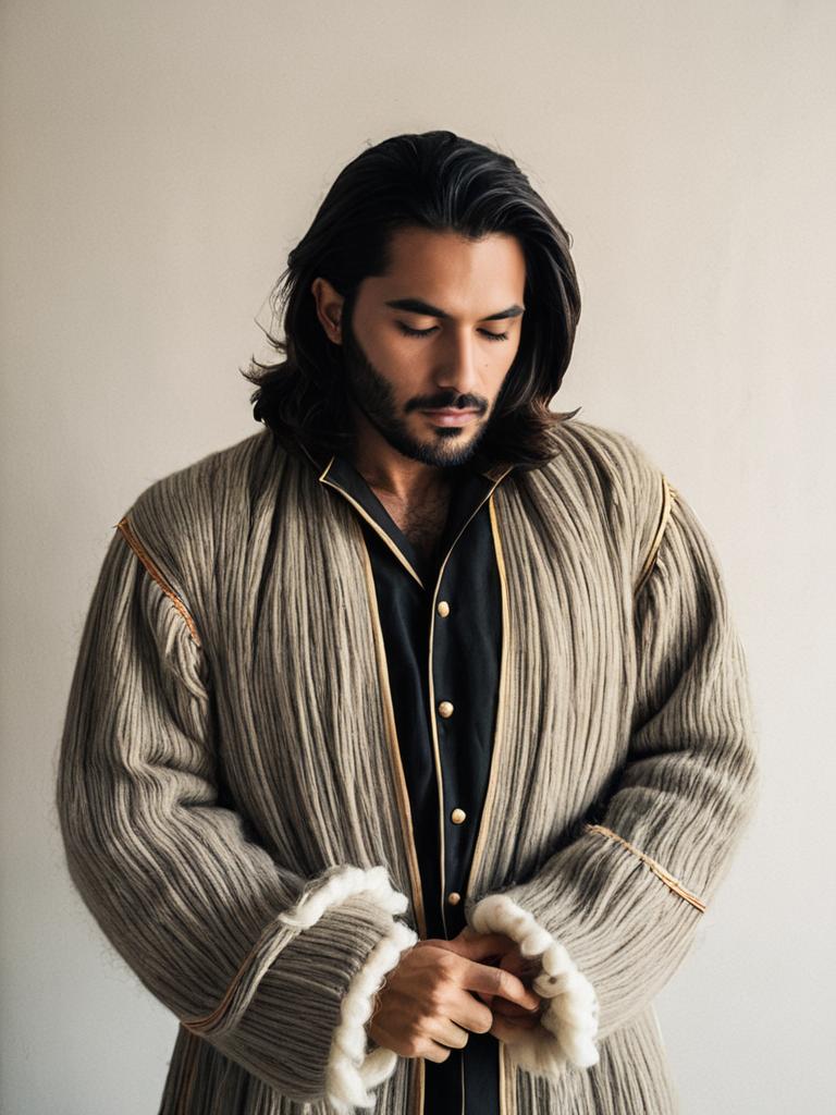 Man in Realistic Tarma Roving Cosplay Costume with Textured Knit Coat