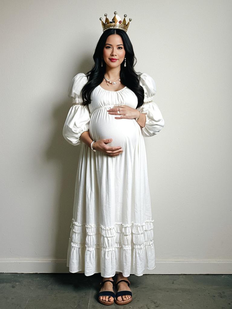 Pregnant Woman in White Dress with Crown Pregnancy Announcement