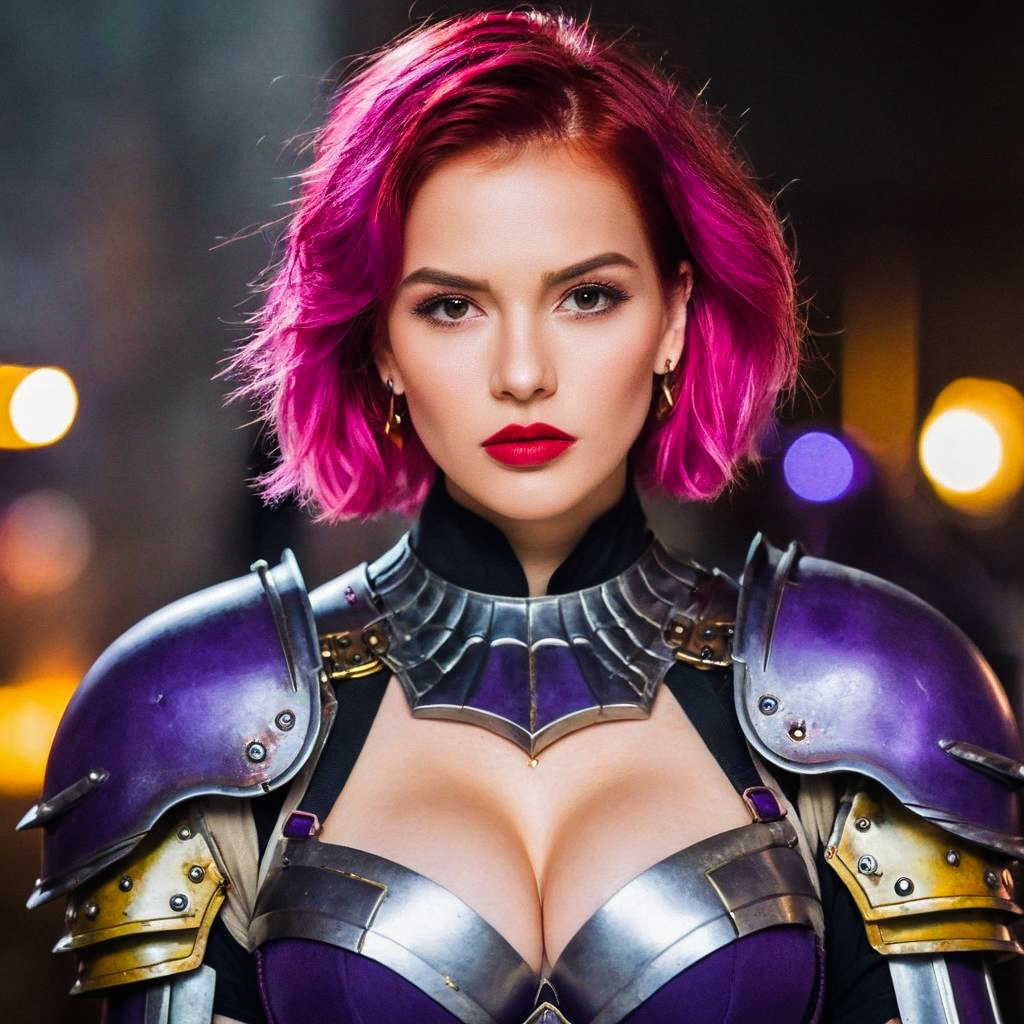 Confident Woman in Medieval Armor with Magenta Hair