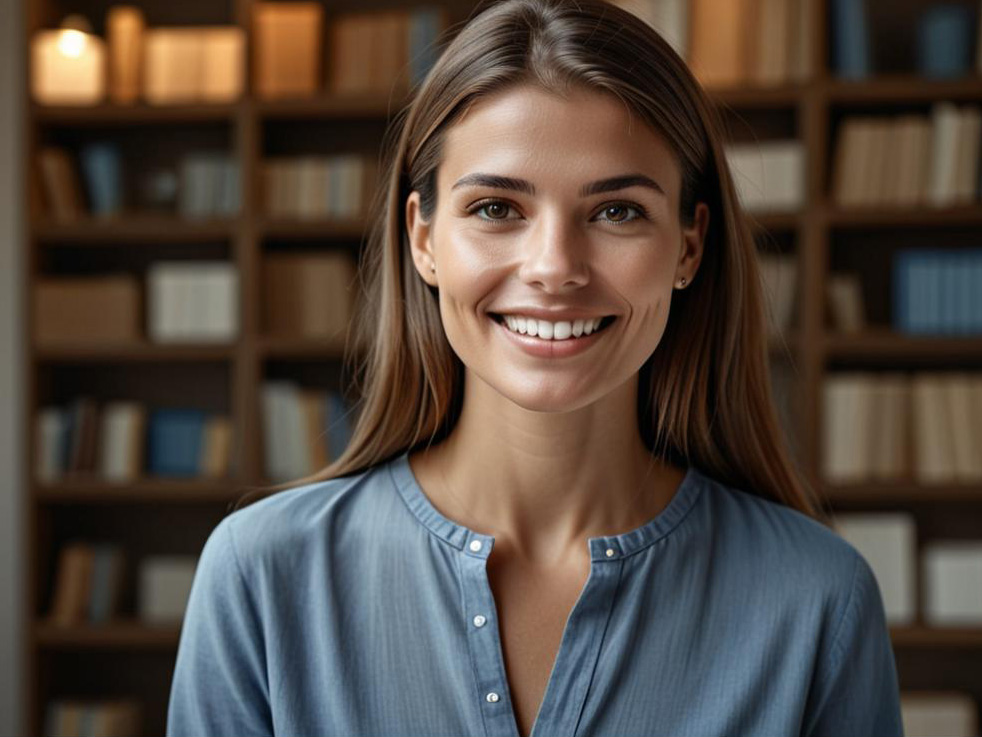 Cheerful Woman in Library