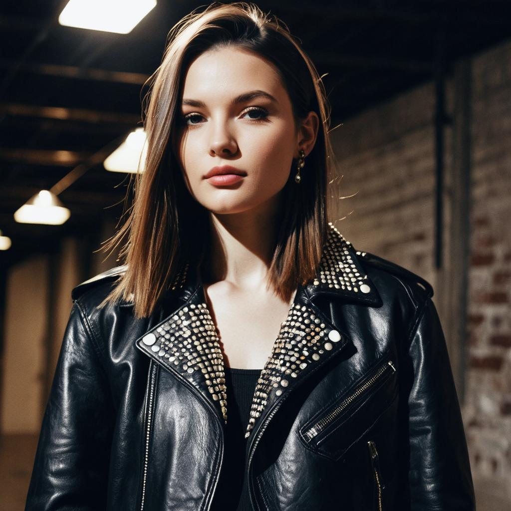 Young Woman in Stylish Studded Leather Jacket Indoor Portrait