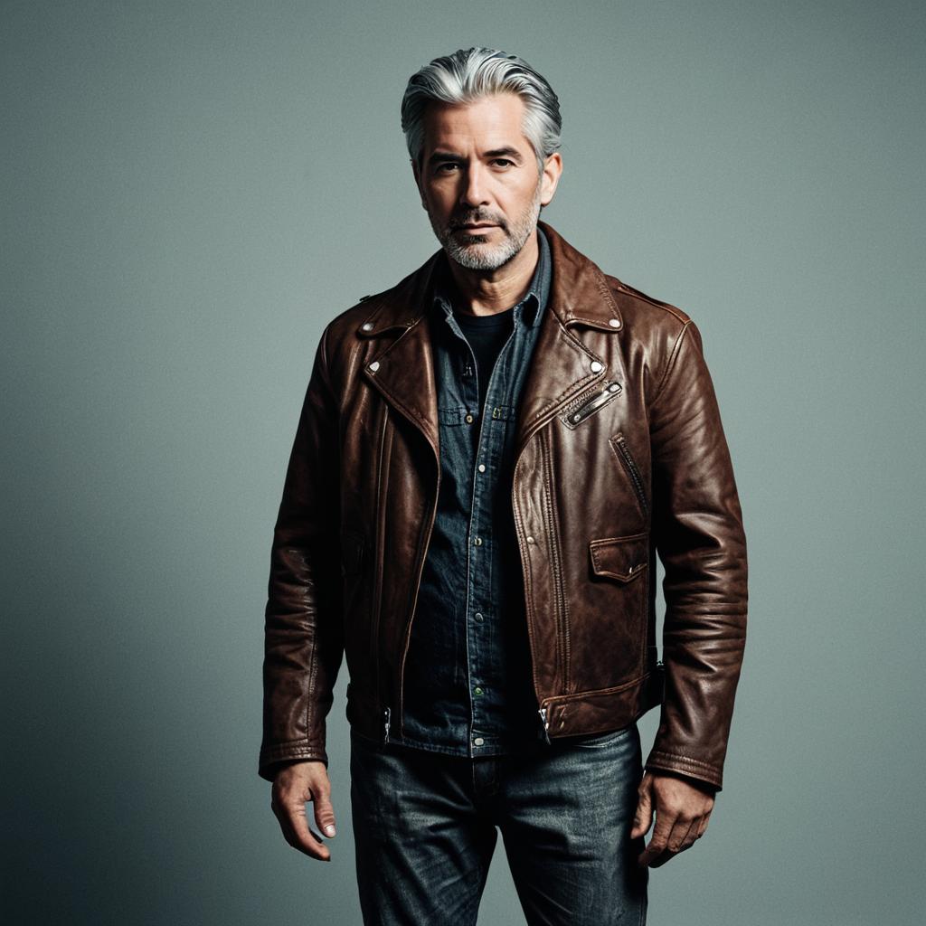 Middle-Aged Man Wearing Brown Leather Jacket and Denim Shirt Portrait