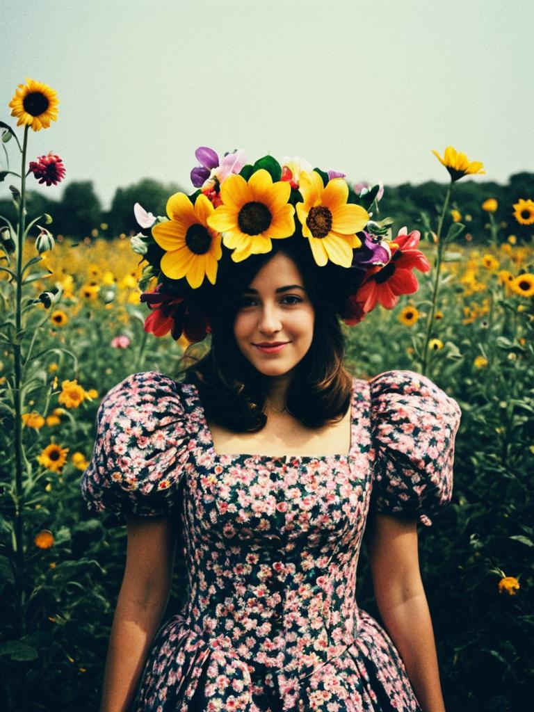 Woman in Flower Costume with Sunflower Crown in Field Cinematic Realism Portrait