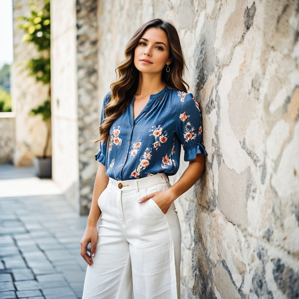 Stylish woman in blue floral blouse and white trousers against stone wall