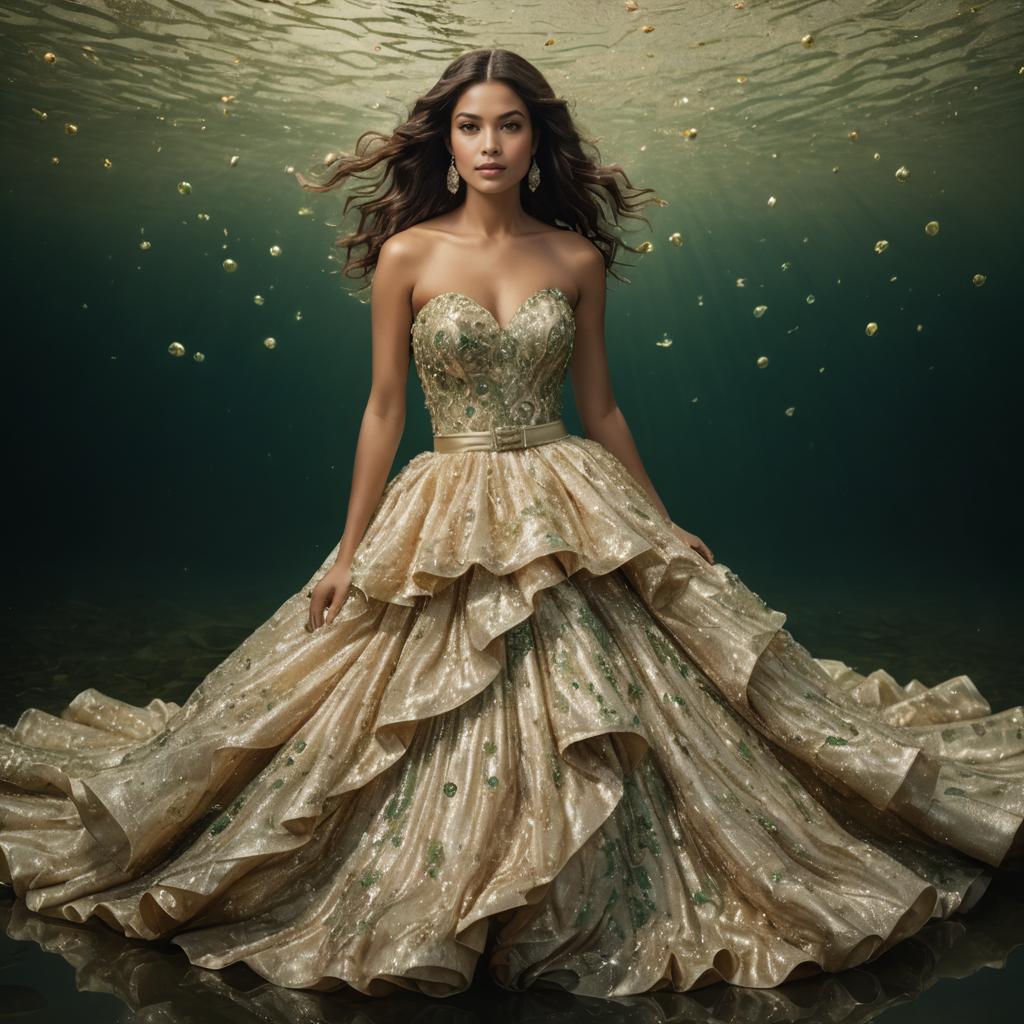 Elegant Woman in Luxurious Gold Ball Gown Underwater Fashion Portrait