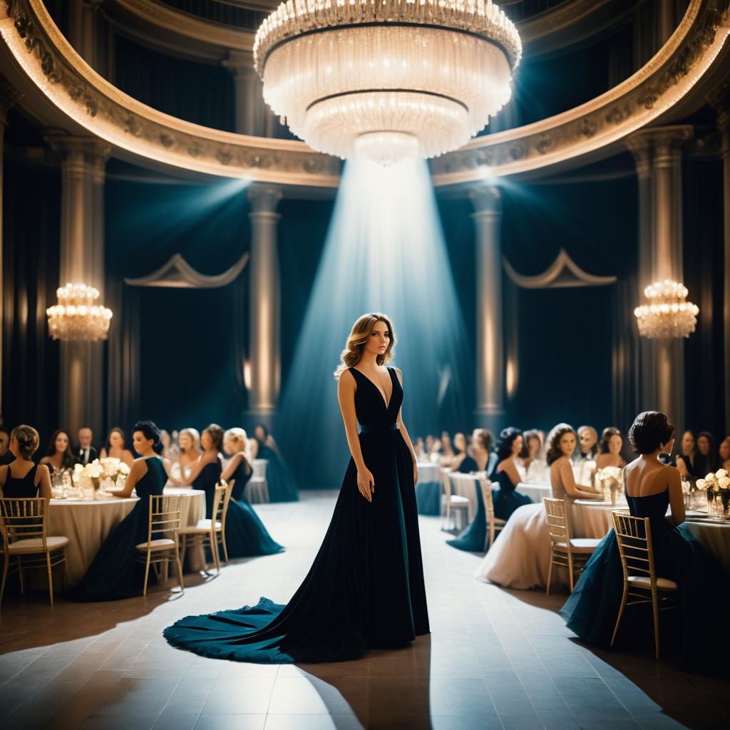 Elegant Woman in Black Gown at Glamorous Ballroom