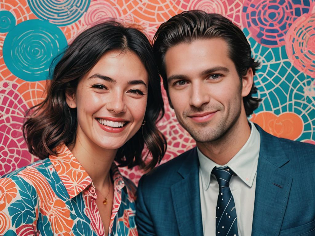 Cheerful couple with abstract backdrop