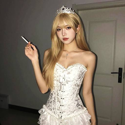 Blonde Woman in White Lace Corset Dress with Tiara Holding Cigarette