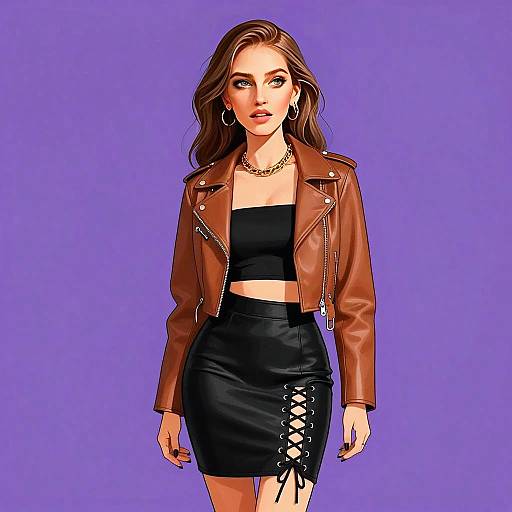 Urban Chic Woman in Cropped Leather Jacket with Black Lace-Up Skirt