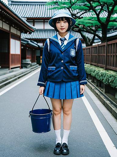 Japanese Schoolgirl in Traditional Uniform Holding Bucket on Asakusa Street