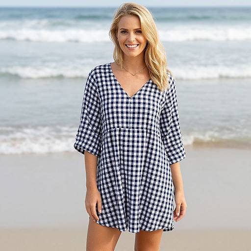 Smiling Woman in Navy Blue and White Checkered Beach Dress