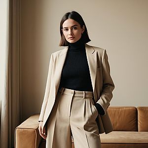 Elegant Woman in Beige Pantsuit and Black Turtleneck Indoor Portrait
