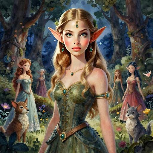 Fantasy Elven Woman in Enchanted Forest with Woodland Creatures
