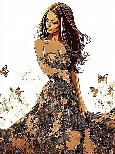 Elegant Woman in Flowing Dress with Butterflies
