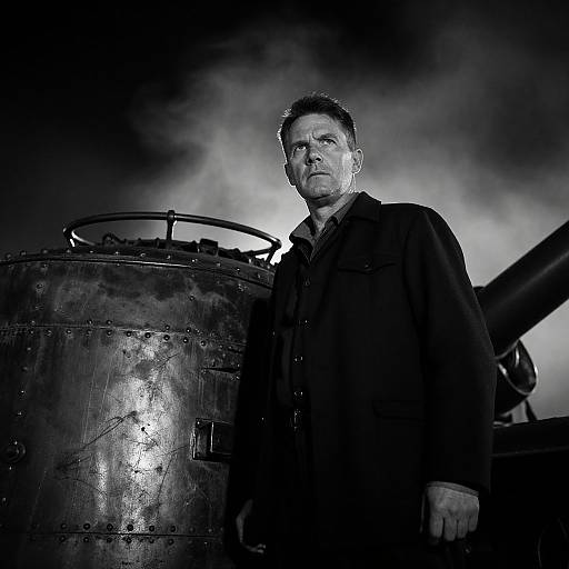 Dramatic Black and White Portrait of Man Beside Industrial Machinery