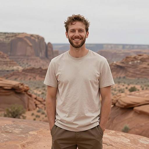 Smiling Young Man in Desert Landscape Outdoor Casual Fashion