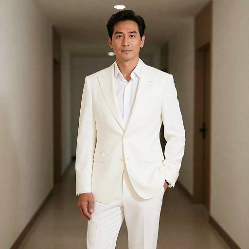 Man in Elegant White Suit Standing in Hallway