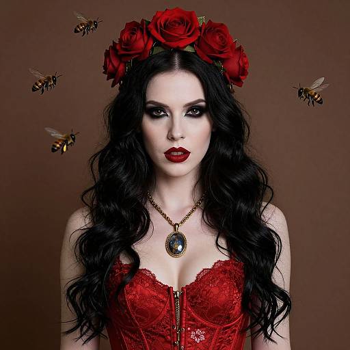 Gothic Woman with Red Rose Crown and Bees in Red Corset