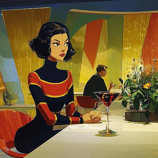 Stylish Woman at Modern Bar with Geometric Background Illustration