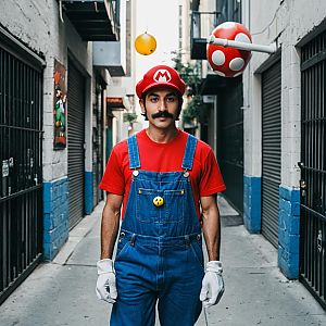 Super Mario Cosplay Man in Alley with Magical Mushroom Prop