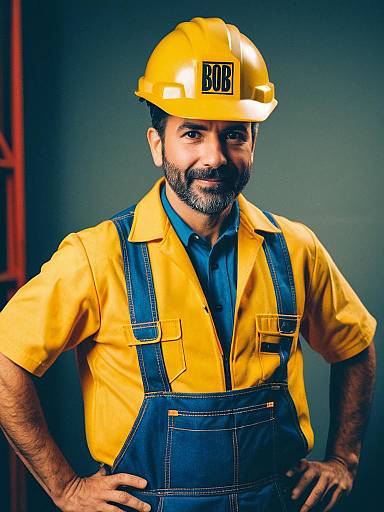Man in Bob Builder Costume Waist Up Editorial Portrait Photorealistic