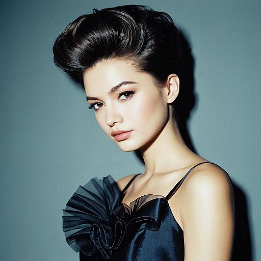 Elegant Woman in Black Dress with Frilled Detail on Blue Background