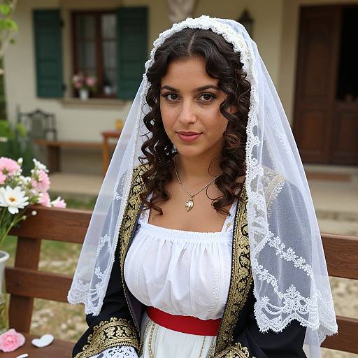 Young Woman in Traditional Costume with Lace Veil Sitting Outdoors