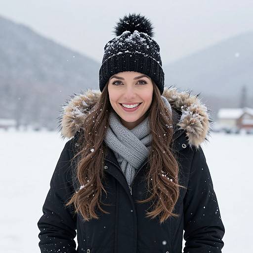 Smiling Woman in Winter Coat and Beanie in Snowy Landscape