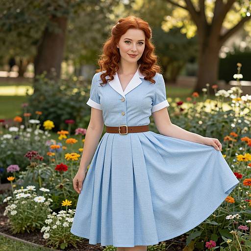 Red-Haired Woman in Vintage Blue Dress in Flower Garden