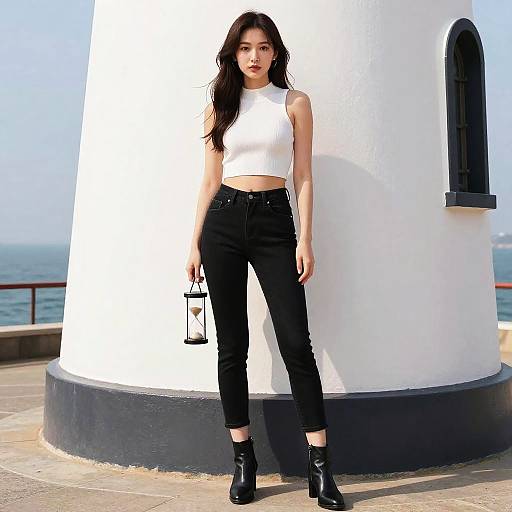 Hourglass Woman in Casual Chic Outfit with White Sleeveless Crop Top and Black Jeans