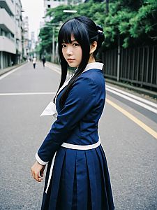 Woman in Akima Kunimoto Cosplay Costume on City Street