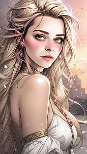 Beautiful woman with blonde hair and green eyes at sunset