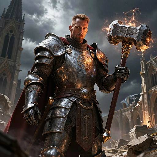 Medieval Knight in Armor Holding Enchanted War Hammer in Gothic Ruins