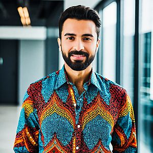 Confident man in vibrant patterned shirt in modern office