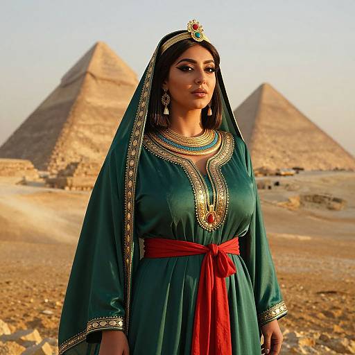 Woman in Traditional Egyptian-inspired Dress with Pyramids in Background
