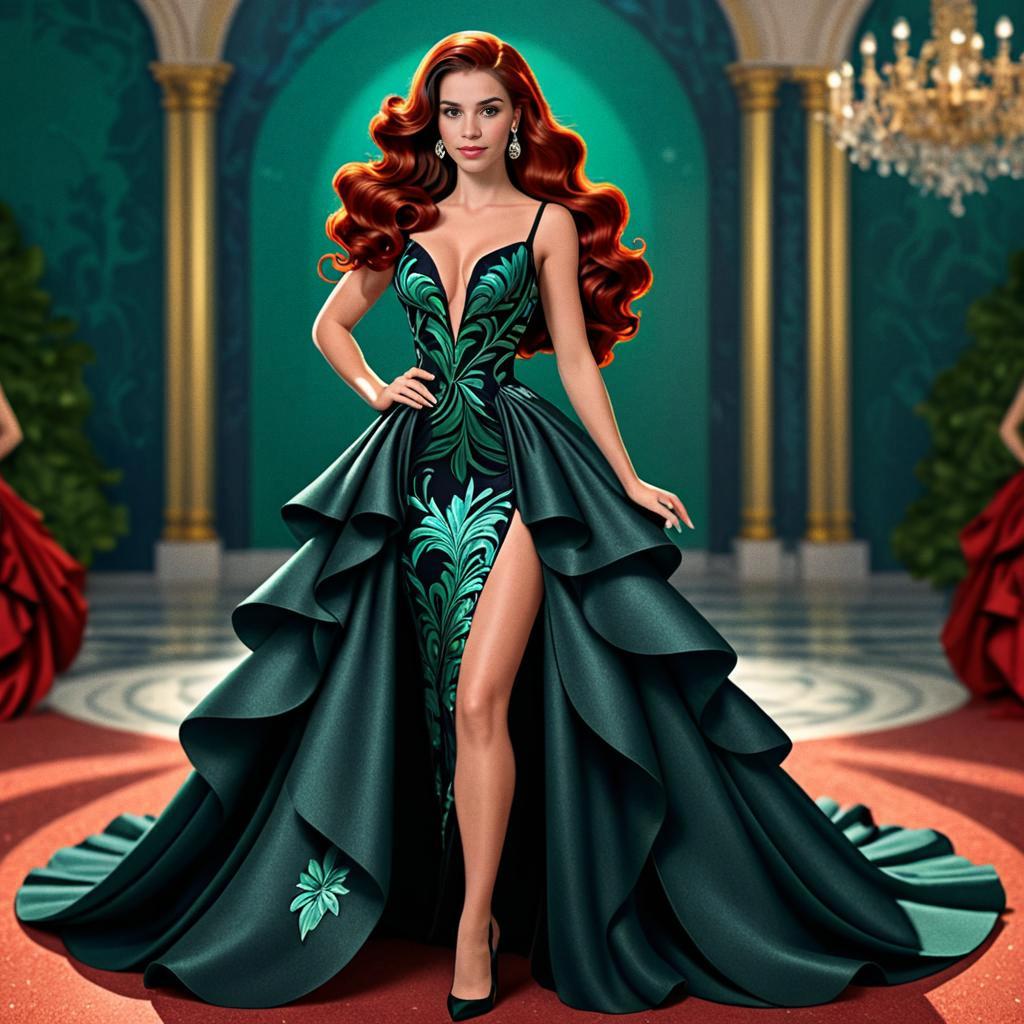 Elegant Woman in Green Gown with Red Curls