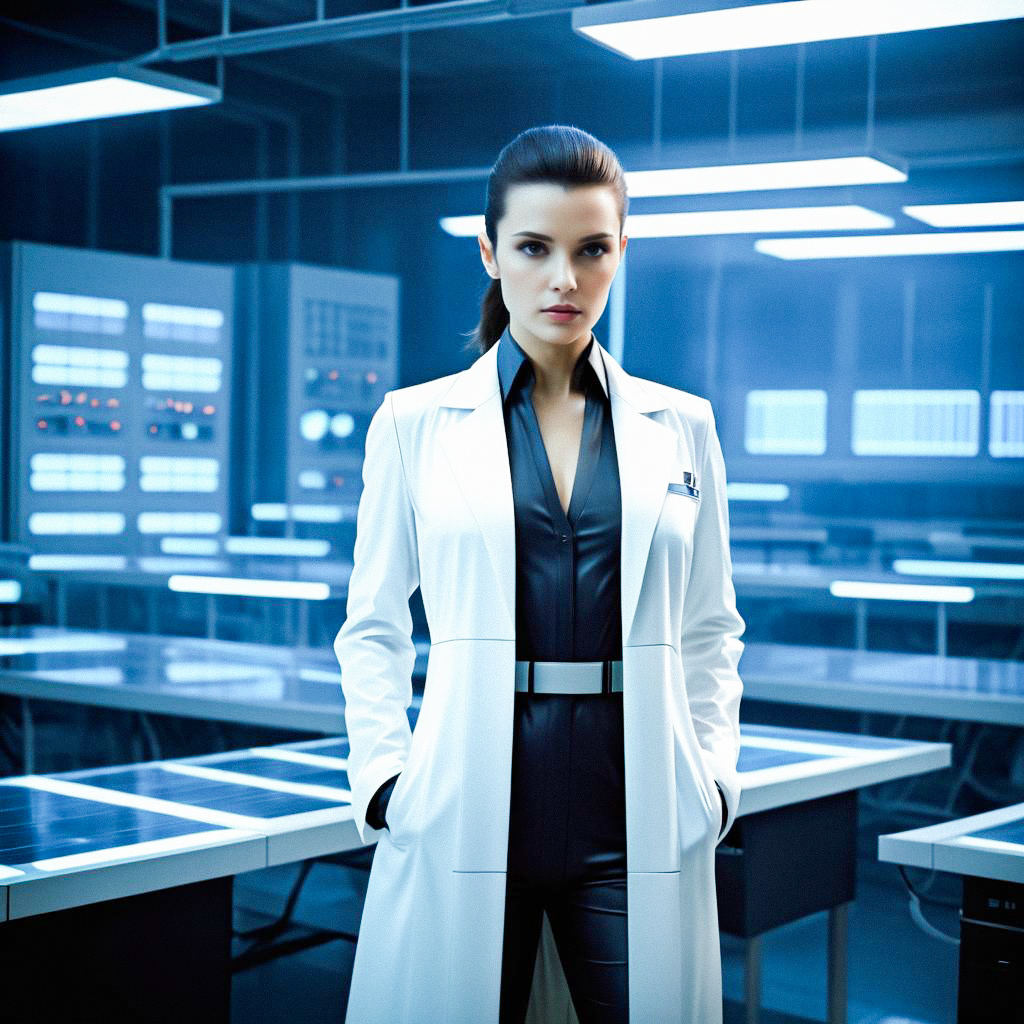 Confident Woman in Futuristic Lab Coat