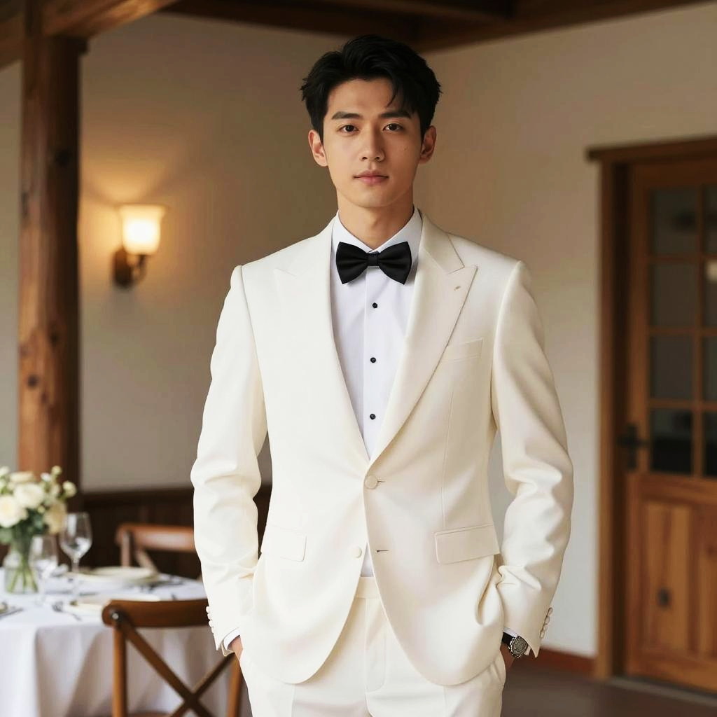Elegant Young Man in White Tuxedo with Black Bow Tie