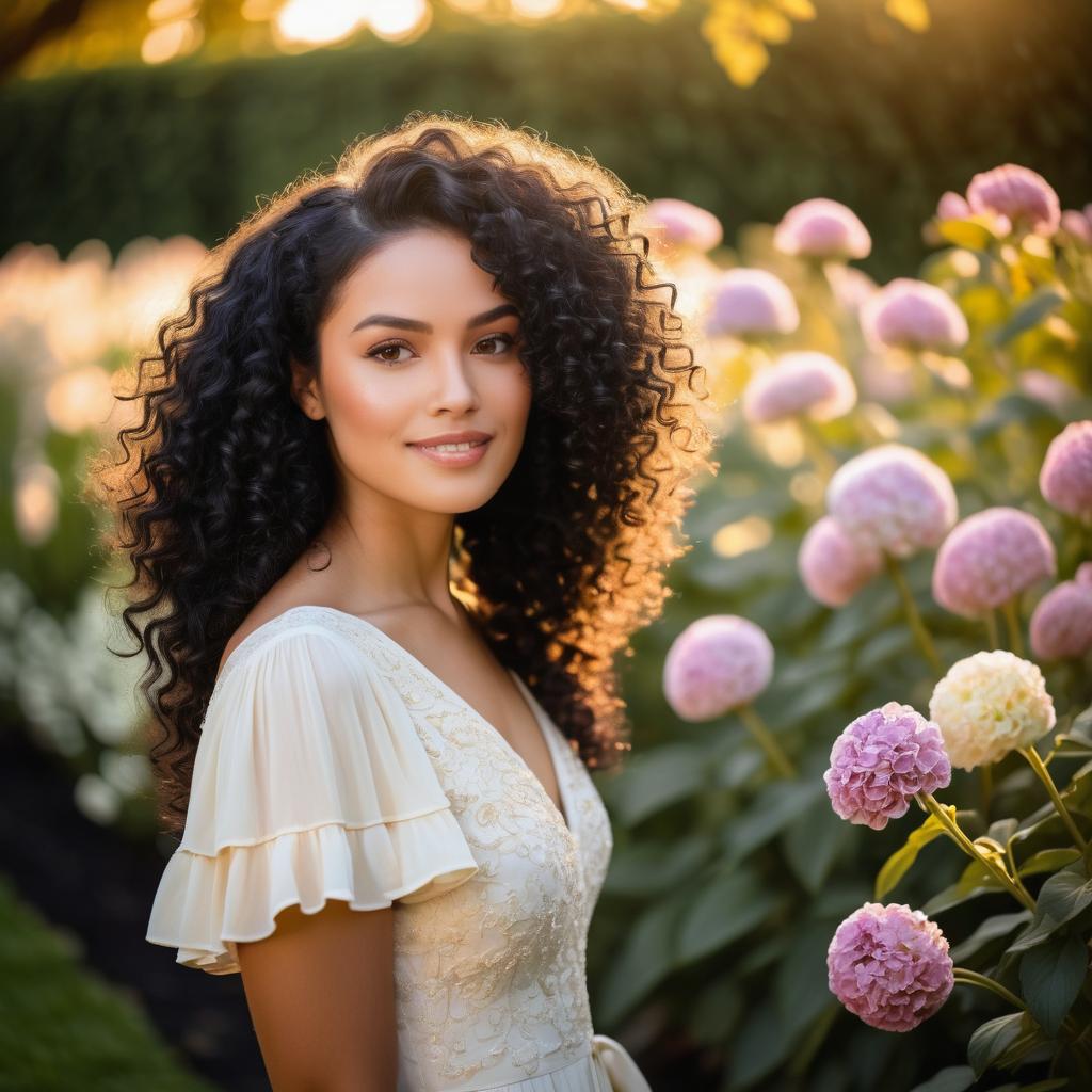 Woman in White Dress Among Flowers at Golden Hour