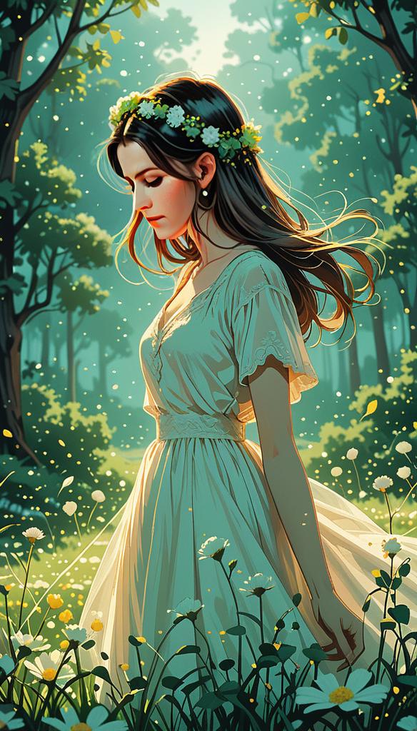 Serene Woman in Meadow with Floral Crown