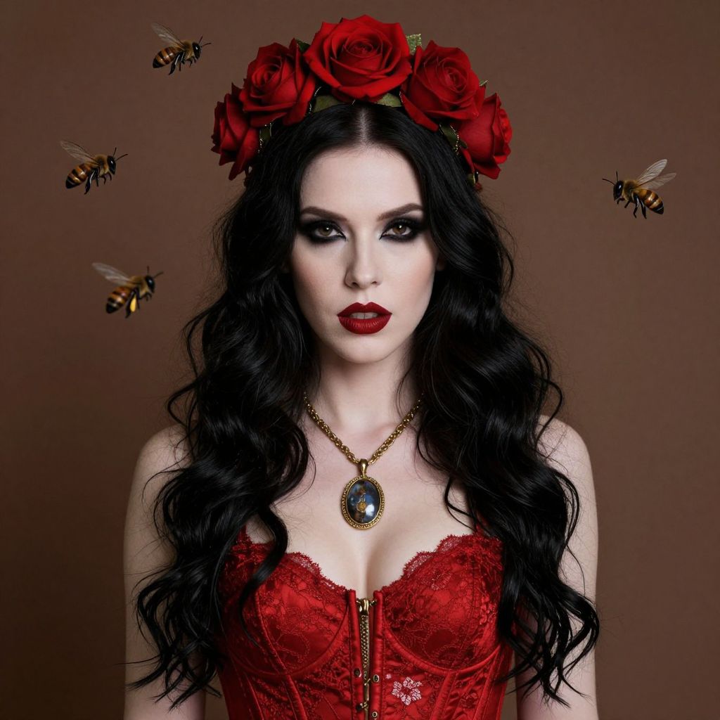 Gothic Woman with Red Rose Crown and Bees in Red Corset