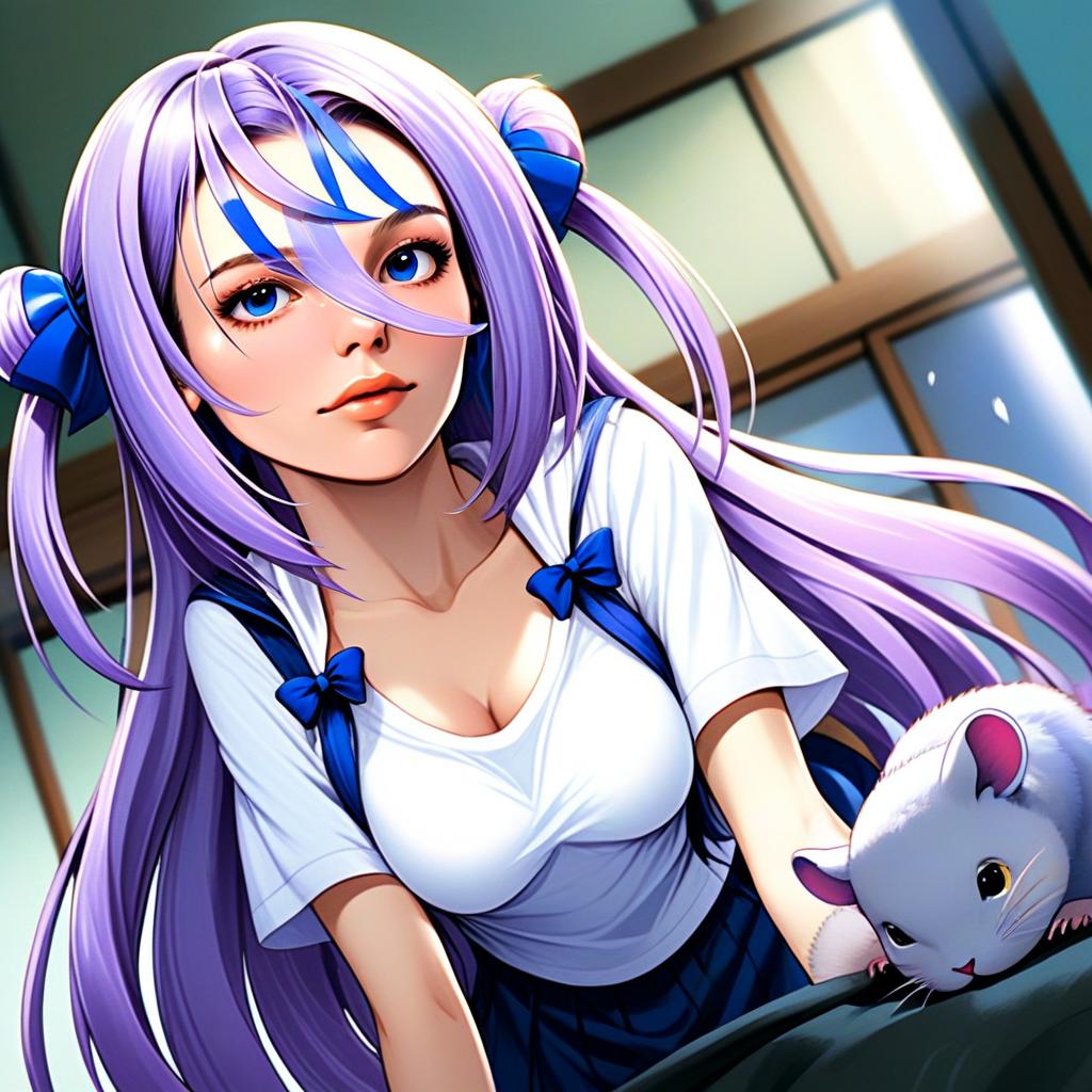 Anime Girl With Lavender Hair and White Rat in Digital Artwork