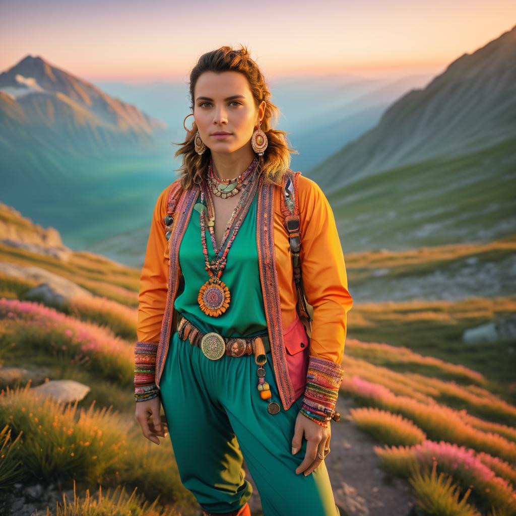 Confident Woman in Vibrant Sunset Landscape