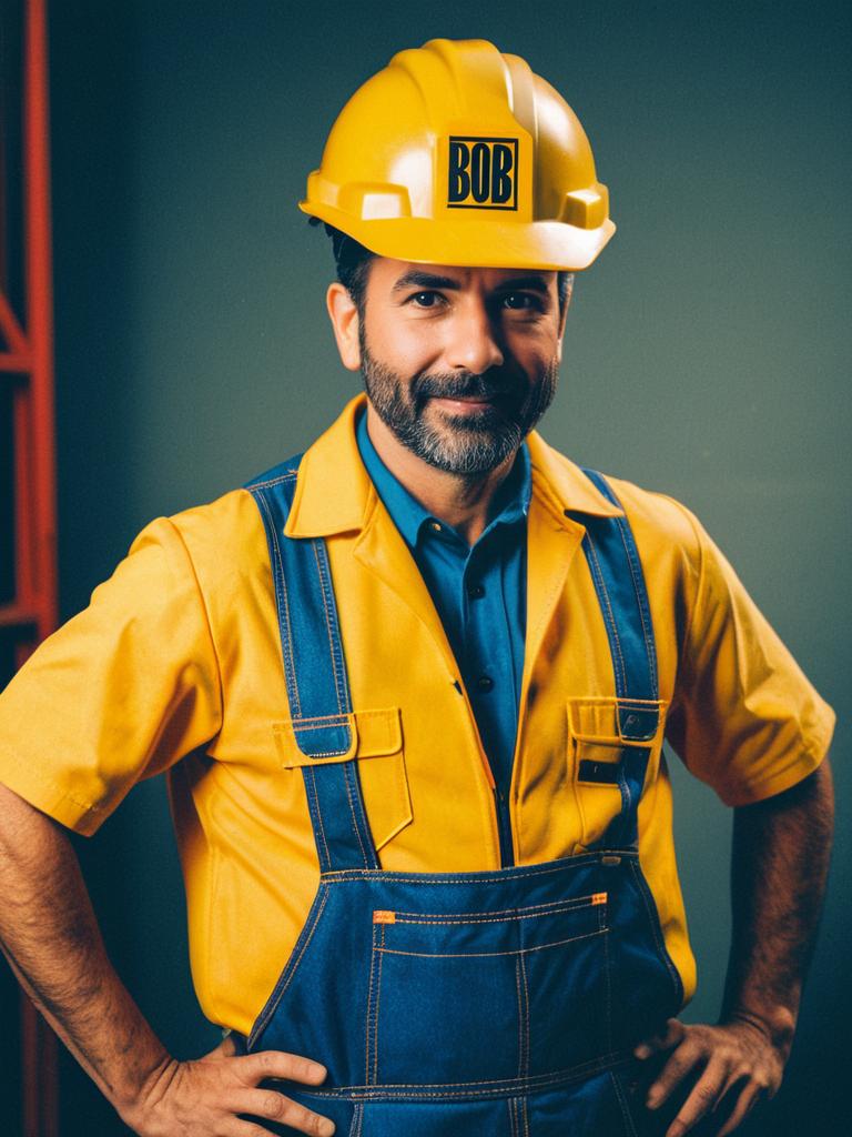 Man in Bob Builder Costume Waist Up Editorial Portrait Photorealistic